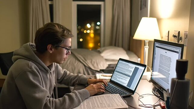 Late-night study session for research essay in college dorm room