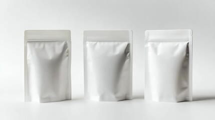 Three Blank White Stand-Up Pouches Mockup for Branding and Packaging Design