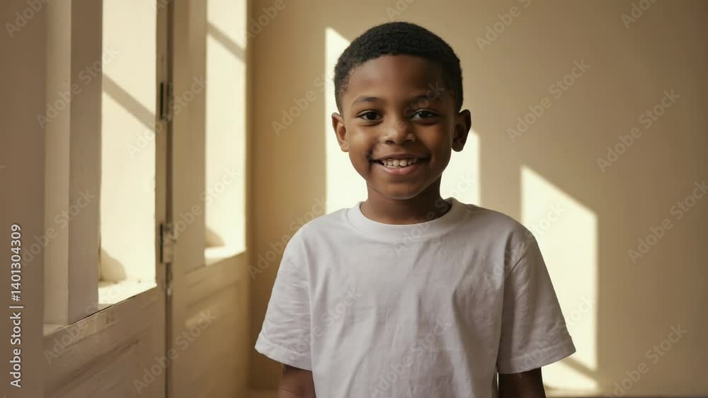 Aufkleber a young boy stands in front of a window with a curious expression.