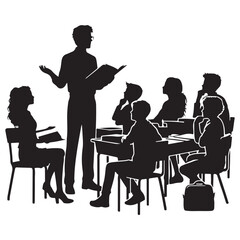 Silhouette teacher teaching in classroom vector illustration for education