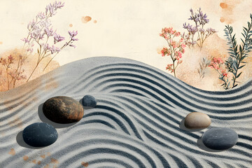 Zen garden with sand patterns, smooth stones, and a serene background
