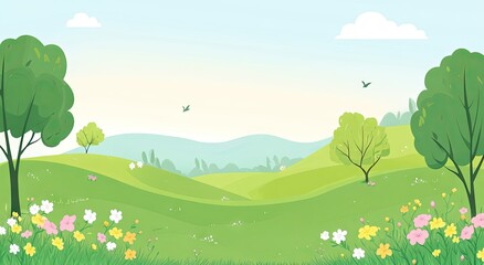 Naklejka premium A serene spring landscape with rolling hills and colorful wildflowers.