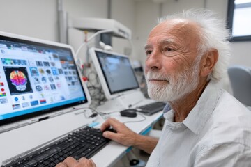 Senior man exploring brain imaging research at a computer workstation in a modern laboratory setting