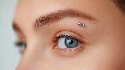 Close-up of a young woman with eyebrow piercing looking confidently on a light background, beauty product marketing, piercing blogs, piercing websites, beauty product marketing
