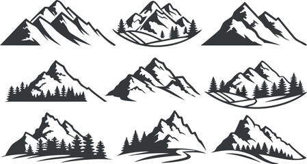 Fototapeta premium Mountain Silhouette Vector Set – Black and White Mountain Peak Illustrations on White Background