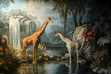 Zoo scene with two animals in a naturalistic setting interacting