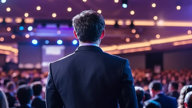 Orator stands before a large audience on a stage in a packed auditorium during a conference