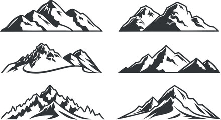 Fototapeta premium Mountain Silhouette Vector Set – Black and White Mountain Peak Illustrations on White Background