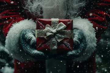 Santa Claus hands presenting a beautifully wrapped gift for Christmas celebration and giving
