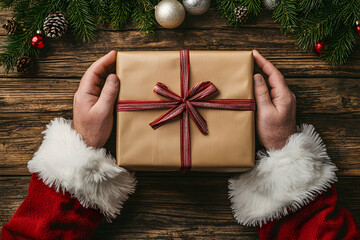 Santa Claus hands presenting a beautifully wrapped gift for Christmas celebration and giving