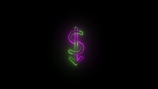 Doller icon neon glowing royal pink and green  . black background .