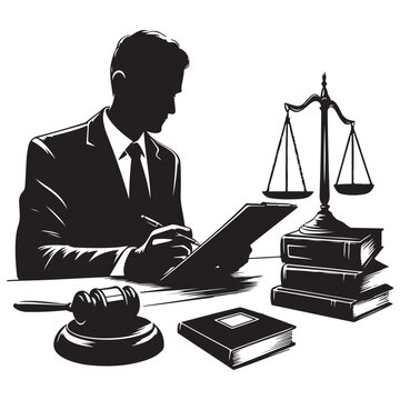 lawyer writing, scales, gavel, books, black and white clip art preview