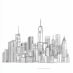 Fototapeta premium Detailed Line Art Illustration of New York City Skyline with Iconic Buildings and Structures in Minimalist Style