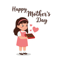 Girl holding chocolate gift with hearts in flat vector art for Mothers Day celebration