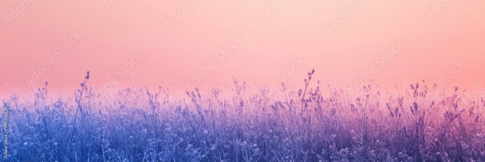Aufkleber Gradient sky merges into a breathtaking wildflower meadow creating a surreal natural transition in vibrant hues during twilight hours