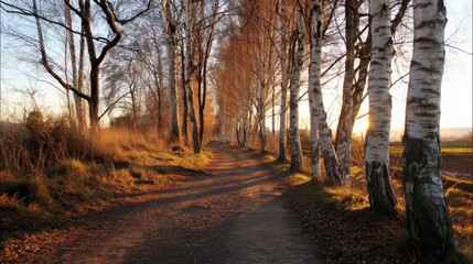 Obraz premium Peaceful sunrise along a birch-lined path.