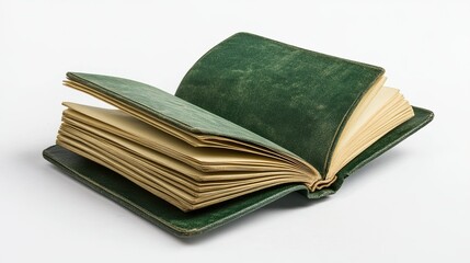 Blank Green Notebook Open on White Background - A green notebook lays open on a white surface. It symbolizes new beginnings, fresh starts, creativity, and potential.