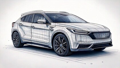 Clean CAD-style sketch of a futuristic electric SUV concept, front 3/4 angle