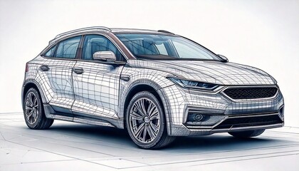 Clean CAD-style sketch of a futuristic electric SUV concept, front 3/4 angle