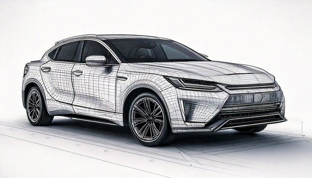 Clean CAD-style sketch of a futuristic electric SUV concept, front 3/4 angle - Powered by Adobe