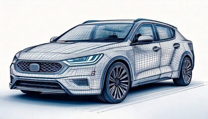 Clean CAD-style sketch of a futuristic electric SUV concept, front 3/4 angle