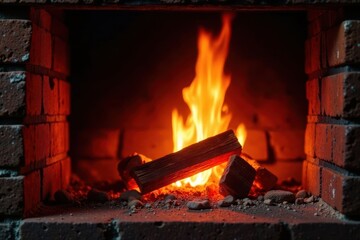 Crackling fire, glowing embers, rustic brick surround, warm, rustic, wood
