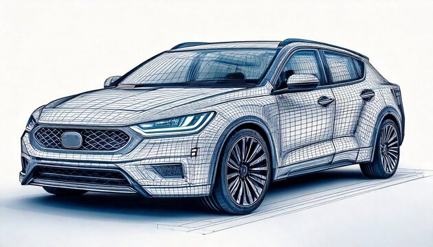 Clean CAD-style sketch of a futuristic electric SUV concept, front 3/4 angle