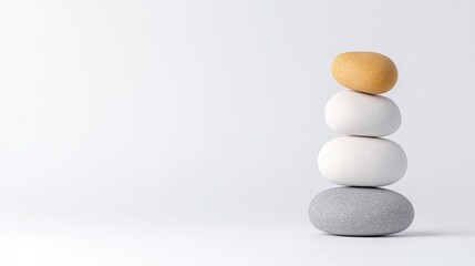 Four smooth stones stacked in a balanced arrangement, minimalist composition on a white background, and showcasing harmony and balance concept.