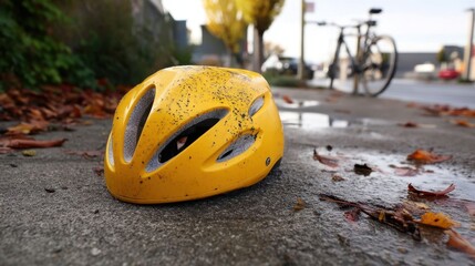 Obraz premium Close-up of a dented yellow bicycle helmet.