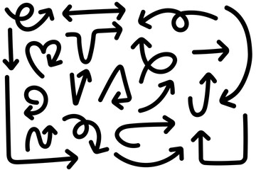 Hand drawn doodle arrows set illustration. Various hand drawn black doodle arrows with different shapes and directions on white background for creative design use.