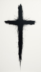 A black ink cross on white canvas with a gray gradient background.
