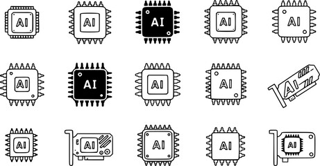 set of Artificial intelligence AI processor chip icon. Mini AI CPU icon in flat style. modern GPU card style thin line icon collection on white background, Vector illustration