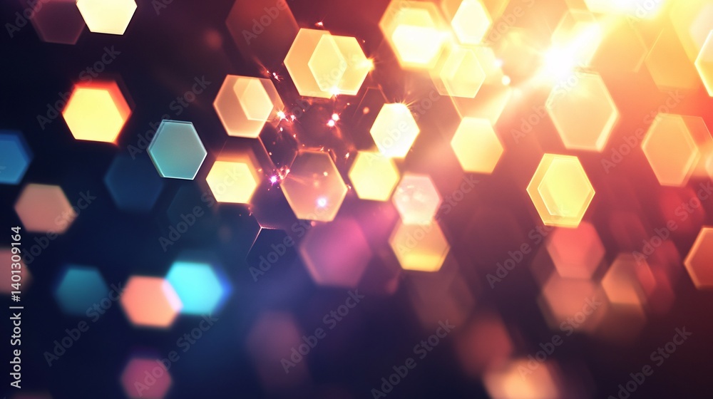 Wall mural abstract bokeh background with blurred hexagonal light shapes in warm and cool colors.