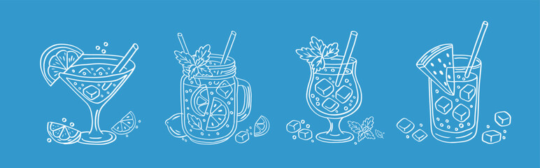 Vector set of summer cocktails with citrus, mint and ice on blue background. Hand-drawn line drinks. Vector summer cocktails set on blue background.