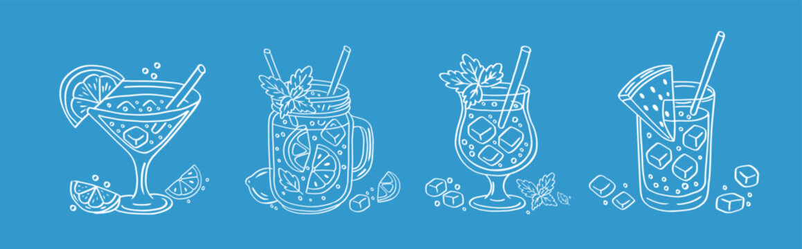 Vector set of summer cocktails with citrus, mint and ice on blue background. Hand-drawn line drinks. Vector summer cocktails set on blue background.