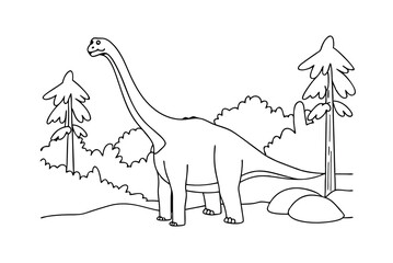 Brontosaurus In Prehistoric Landscape Dinosaur Illustration For Children Coloring Page © Chaya