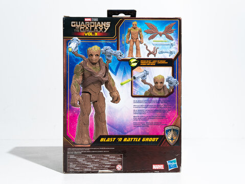 Kent, uk, 01.01.2025 New Marvel Guardians Of The Galaxy Vol 3 Blast 'N Battle Groot 12 inch action figure Toy Figure. Movie franchise merchandise.