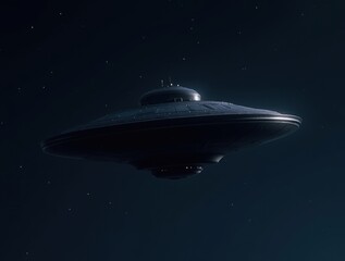 Obraz premium A close-up of a dark UFO hovering in the night sky, showcasing its sleek design and mysterious features