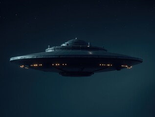Obraz premium A close-up of a dark UFO hovering in the night sky, showcasing its sleek design and mysterious features