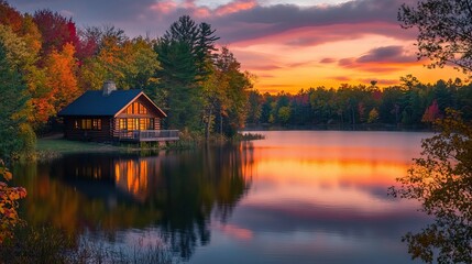 Fototapeta premium A cozy cabin nestled amidst vibrant autumn foliage, overlooking a tranquil lake at sunset, offering a peaceful escape.