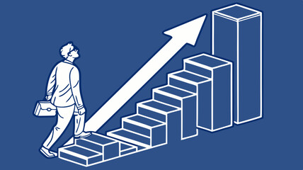 Businessman climbing stairs to success upward trajectory growth career advancement simple line art style blue background minimalist