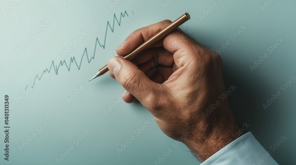 Poster hand drawing a trend line on a smooth surface while analyzing data and making decisions in a workspa