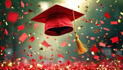 A red graduation cap with a gold tassel soars into the air, surrounded by a lively burst of celebratory confetti in an outdoor setting.