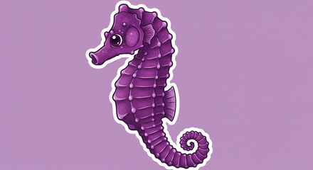 Fototapeta premium A charming purple seahorse, playfully swimming in a dreamy underwater world, depicted with a whimsical, sticker-like design against a soft lilac background.