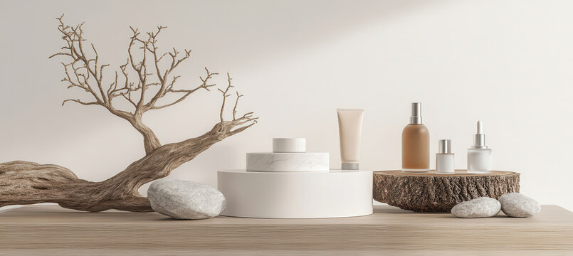 A serene arrangement of various skincare products.