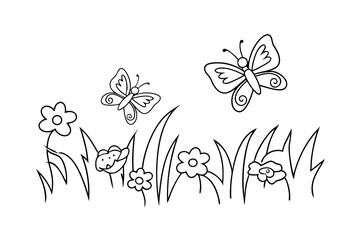 Butterfly And Flower Meadow Coloring Page Simple Black And White Illustration