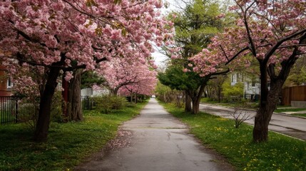 Naklejka premium Cherry blossoms lining a peaceful path.