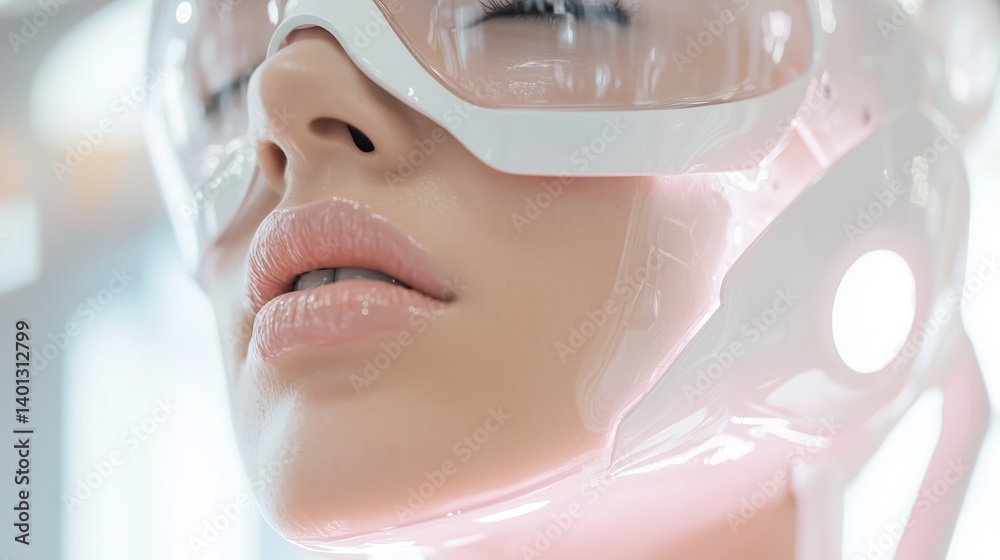 Poster human-like robot head displayed in high-tech setting with futuristic features and glossy finish