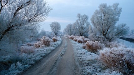 Obraz premium Frost-covered willows frame a dirt road.
