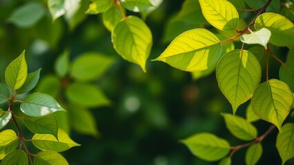 Frische, grüne Blätter an Ästen im sanften Sonnenlicht mit verschwommenem, dunklem Hintergrund. Natürliche, ruhige Szene für Frische und Wachstum.